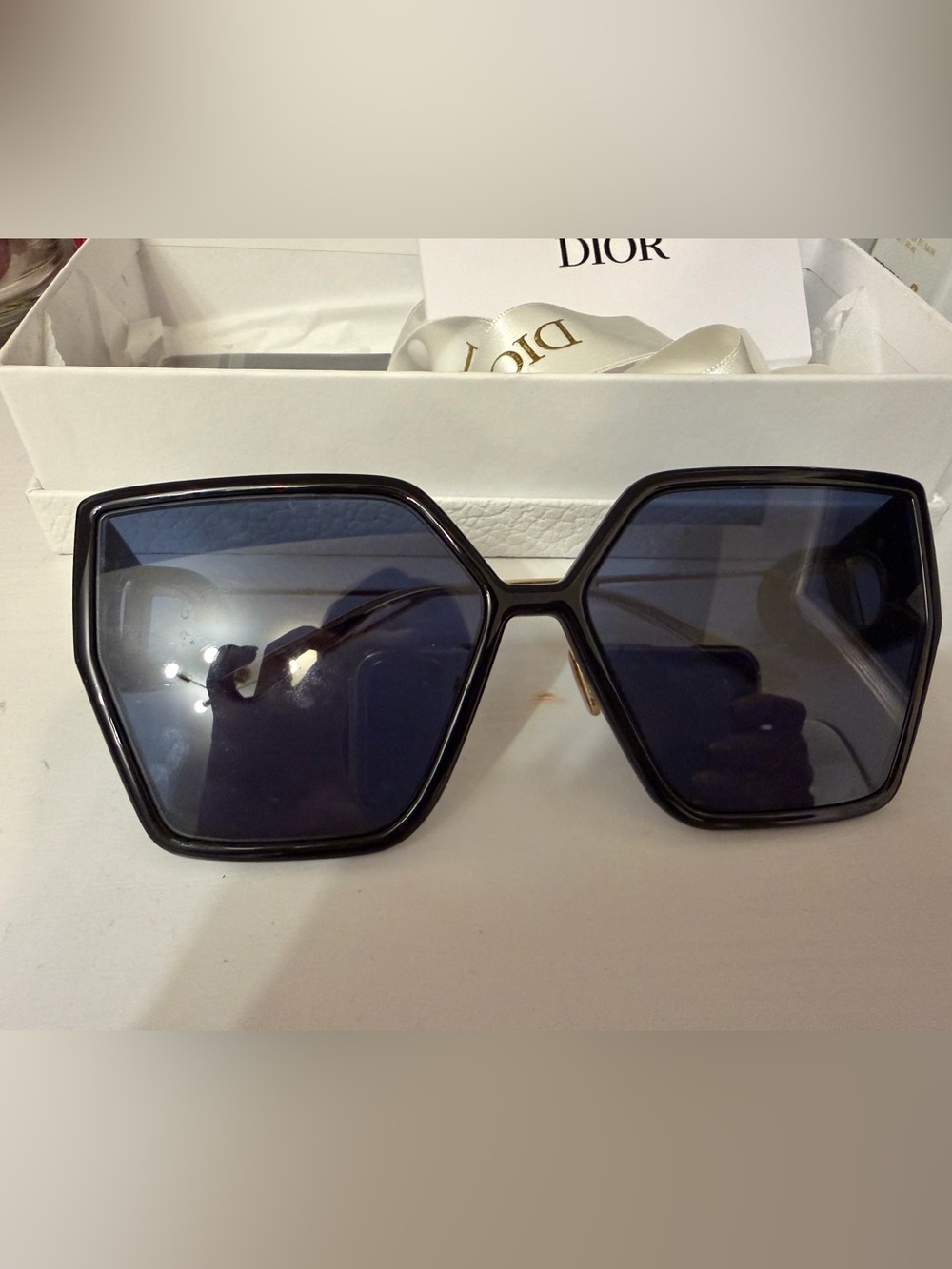 Dior Black Frame Sunglasses with Deep Blue Lenses